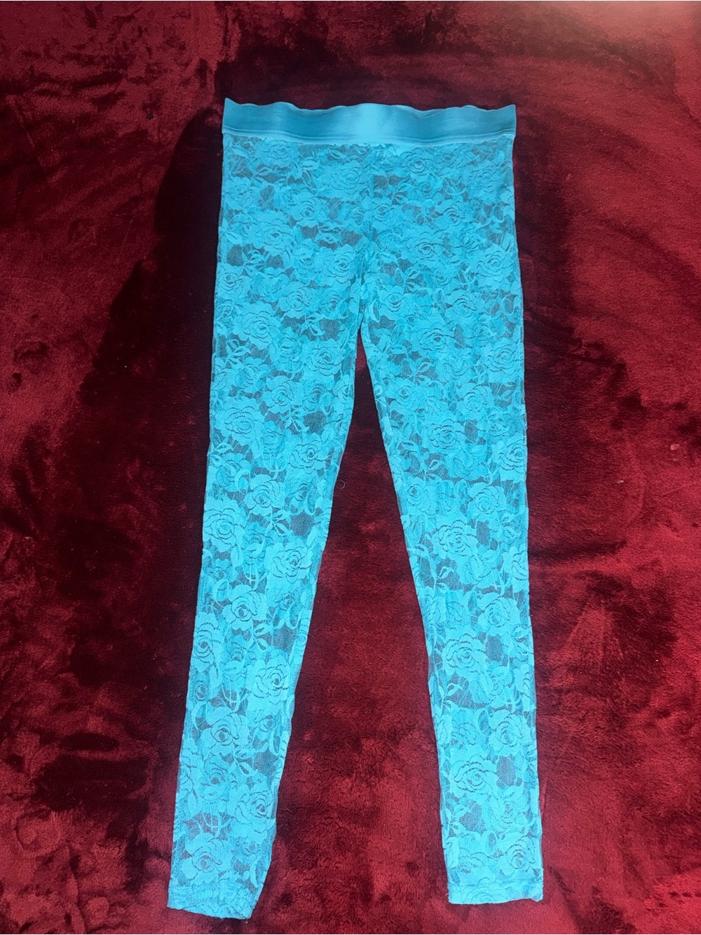 LeggWhat? Women’s Ankle Leggings Blue Floral Lace Size M Stretch Elastic Waist